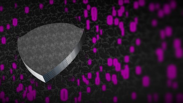 The composition of cybersecurity. Shield with binary code and depth of field. 3D rendering