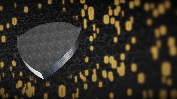 The composition of cybersecurity. Shield with binary code and depth of field. 3D rendering