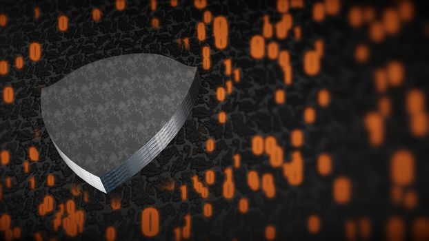 The composition of cybersecurity. Shield with binary code and depth of field. 3D rendering