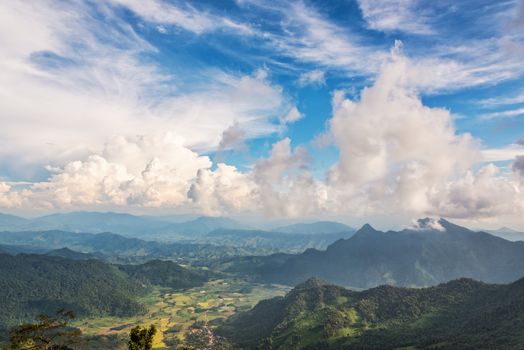 Beautiful landscape blue sky with white cloud above high mountain of the Phi Pan Nam Range from view point on Phu Chi Fa Forest Park in Chiang Rai Province Thailand