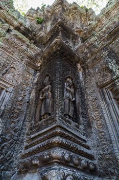 Detailed carving on the side of a temple