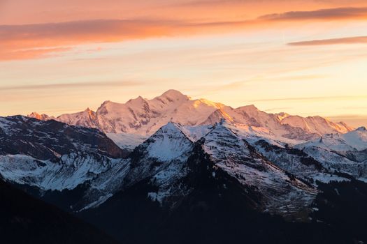 Sunset reflecting over the mountain Mont Blanc