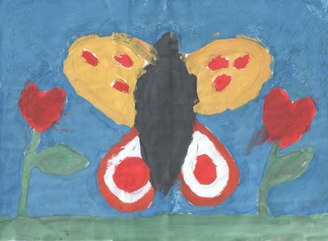 Children's drawing - beautiful butterfly flying in the