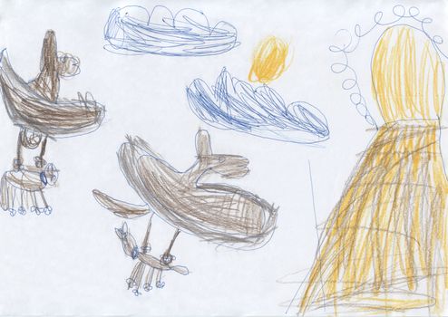 Children's drawing - dragons are prey to the lair on the cliff