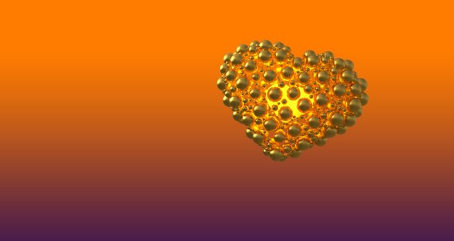 metal gold made of spheres with reflections and flying over violet gradient bacground. Happy valentines day 3d illustration. Copyspace for your design text.