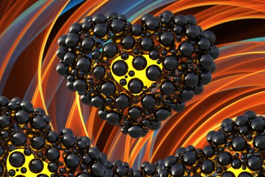black heart made of spheres with reflections isolated on orange flame background. Happy valentines day 3d illustration.