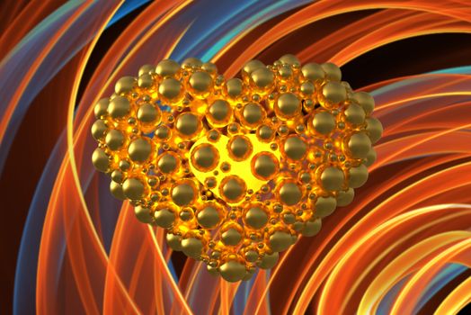 metal gold heart made of spheres with reflections isolated on orange flame background. Happy valentines day 3d illustration.