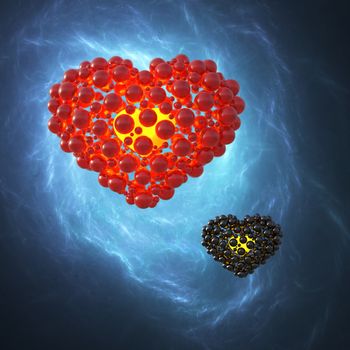 Red heart made of spheres with reflections isolated on blue galaxy space background. Happy valentines day 3d illustration.