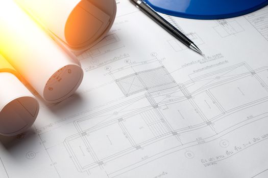 architectural plans project drawing with blueprints rolls