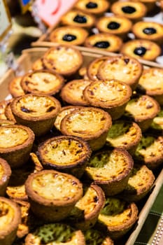 Taiwanese baked egg tart  on display at a snight market stall