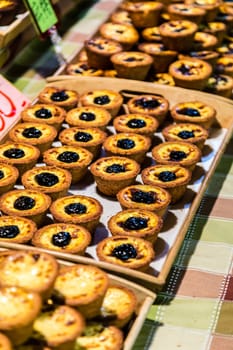 Taiwanese baked egg tart  on display at a snight market stall