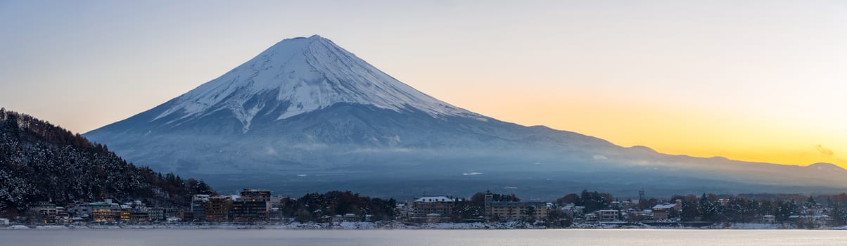 Mountain Fuji view from the Kawaguchiko lake Kawaguchi sunset panorama