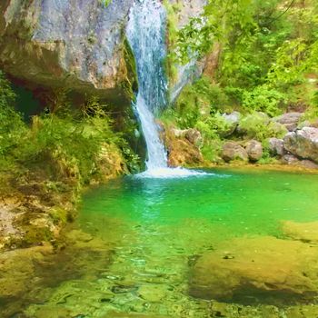 Forest waterfall at Olympus mountain, Greece - painting effect