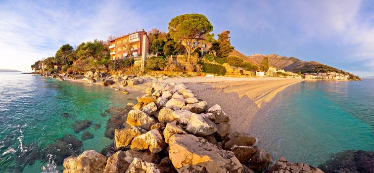 Moscenicka Draga village turquoise beach at sunrise panoramic view, Opatija riviera of Croatia