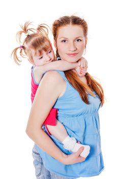 Mother holding two years daughter isolated on white