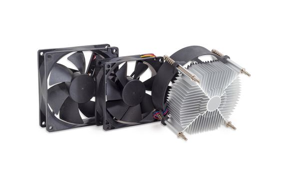 Active CPU heatsink with fan and two fans different sizes for a computer case on a light background
