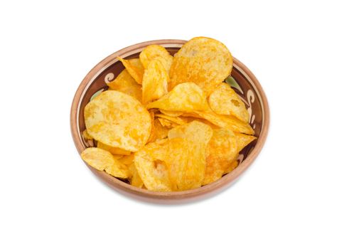 Potato chip flavored paprika in the ceramic bowl on a light background

