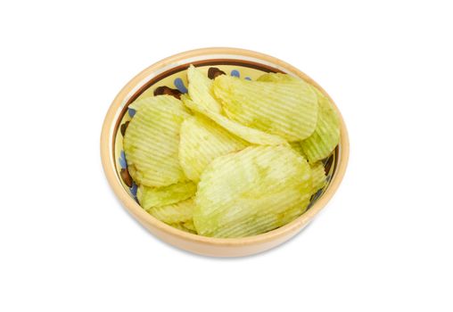 Potato chip flavored wasabi in the ceramic bowl on a light background

