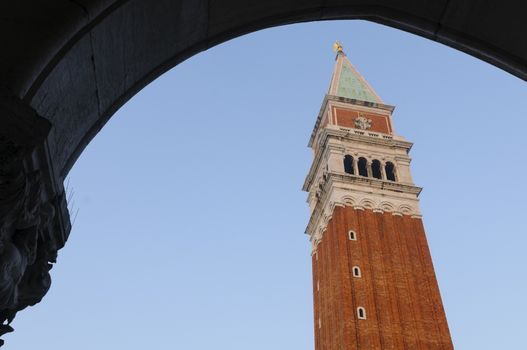 View of San Marco bell tower in San Marco Square at sunrise, Venice, Veneto, Italy, Europe