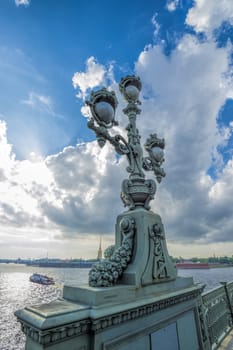 beautiful lamp on Trinity Bridge in St. Petersburg on the Neva