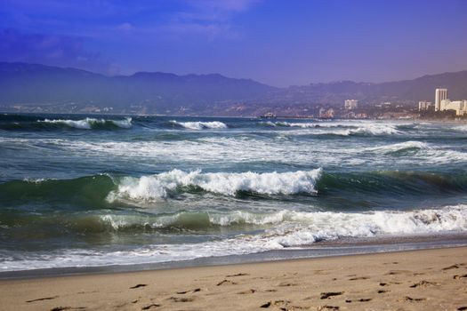 Stormy ocean waves. beautiful seascape. big powerful tide in action.storm weather in a deep blue sea forces of nature natural disaster.