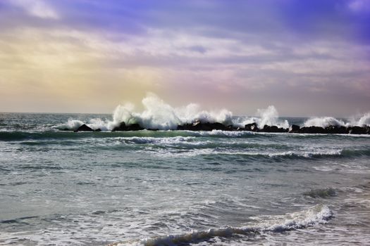 Stormy ocean waves. beautiful seascape. big powerful tide in action storm weather in a deep blue sea forces of nature natural disaster.ocean wave in the Pacific ocean