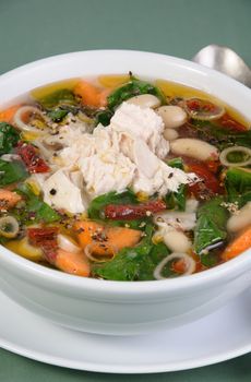 chicken soup with beans, spinach, tomatoes and other vegetables