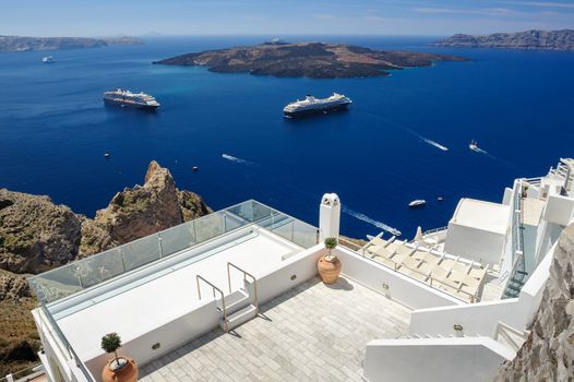 Luxury decks and patios of Fira before the high season, Santorini, Greece