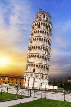 Pisa, place of miracles: the leaning tower and the cathedral baptistery, tuscany, Italy 