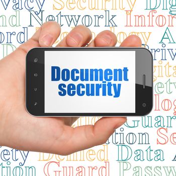 Security concept: Hand Holding Smartphone with  blue text Document Security on display,  Tag Cloud background, 3D rendering