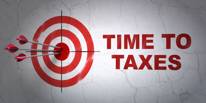 Success business concept: arrows hitting the center of target, Red Time To Taxes on wall background, 3D rendering