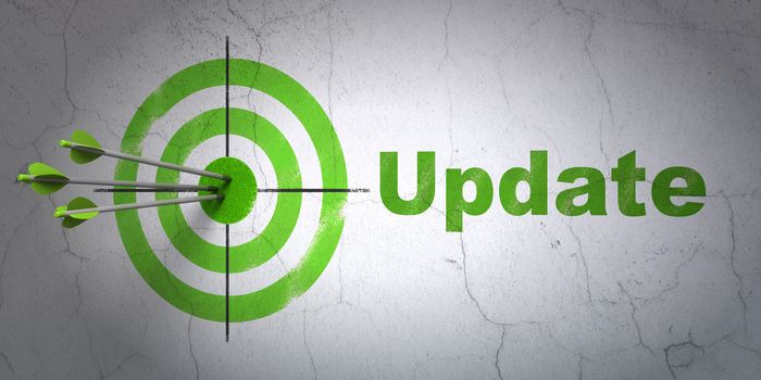 Success web development concept: arrows hitting the center of target, Green Update on wall background, 3D rendering