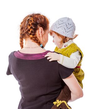 Mother with daughter sharing secrets back view isolated