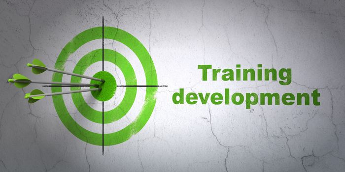 Success Education concept: arrows hitting the center of target, Green Training Development on wall background, 3D rendering