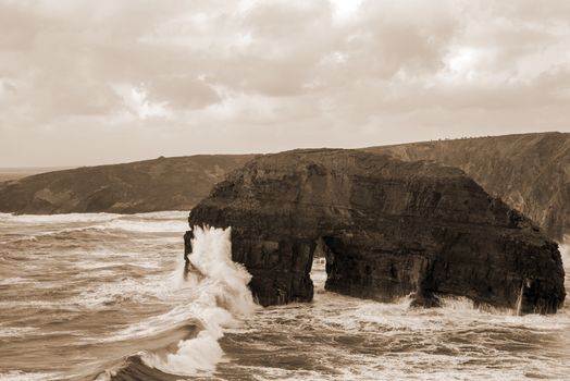 beautiful view of the virgin rocks with storm waves on the wild atlantic way