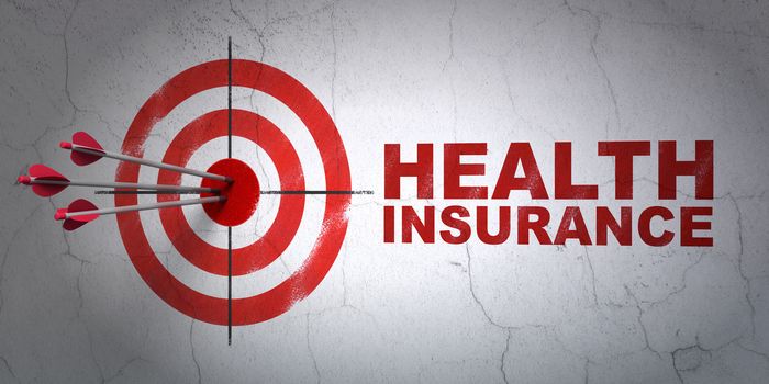 Success Insurance concept: arrows hitting the center of target, Red Health Insurance on wall background, 3D rendering