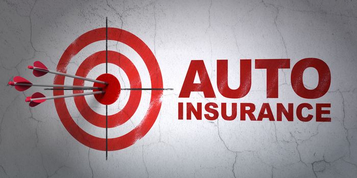 Success Insurance concept: arrows hitting the center of target, Red Auto Insurance on wall background, 3D rendering