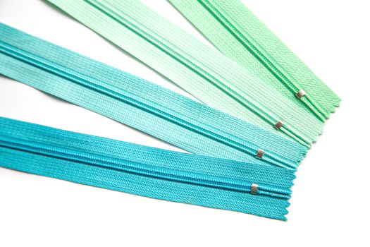 Zipper pastel green and blue set isolated on white background