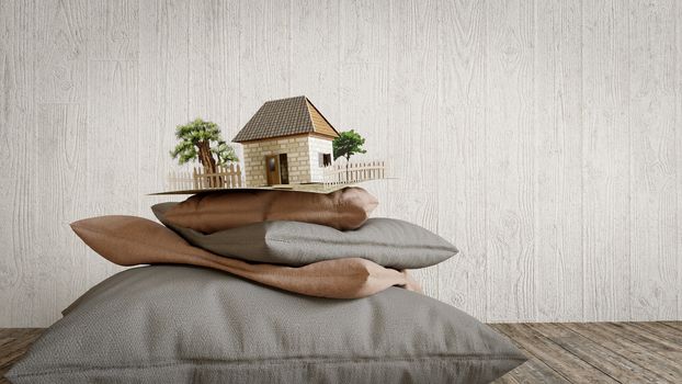 pillows collection and toy house from paper concept composition