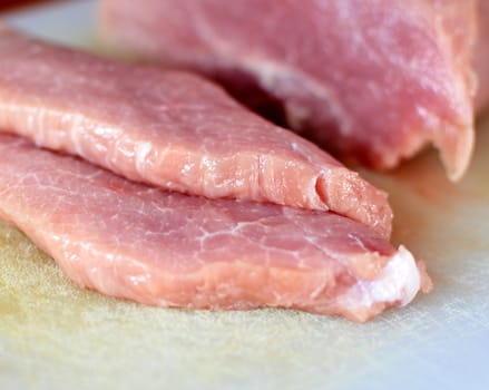 Raw pork meat slices on white cutting board.