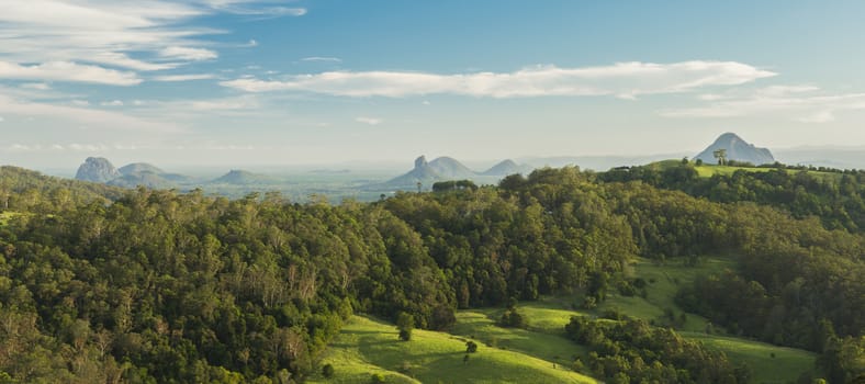 View of Mount Beerwah and countryside in the Glass House Mountains, Sunshine Coast.