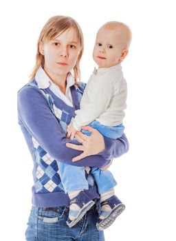 Mother with one year son together isolated on white