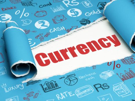 Currency concept: red text Currency under the curled piece of Blue torn paper with  Hand Drawn Finance Icons, 3D rendering