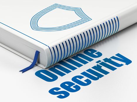 Security concept: closed book with Blue Contoured Shield icon and text Online Security on floor, white background, 3D rendering