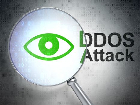 Protection concept: magnifying optical glass with Eye icon and DDOS Attack word on digital background, 3D rendering