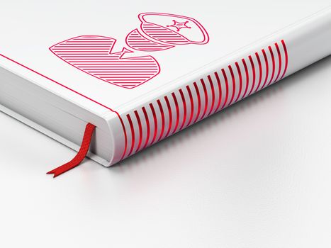 Security concept: closed book with Red Police icon on floor, white background, 3D rendering