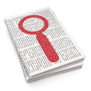 Web development concept: Pixelated red Search icon on Newspaper background, 3D rendering