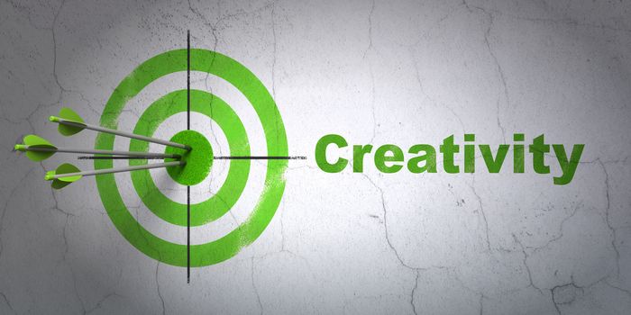 Success marketing concept: arrows hitting the center of target, Green Creativity on wall background, 3D rendering