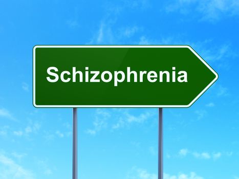 Medicine concept: Schizophrenia on green road highway sign, clear blue sky background, 3D rendering