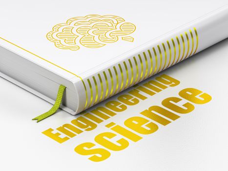 Science concept: closed book with Gold Brain icon and text Engineering Science on floor, white background, 3D rendering